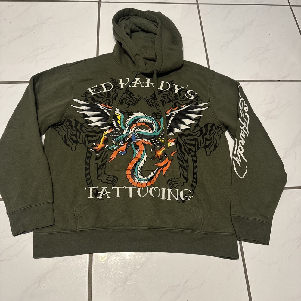 Ed Hardy "Dragon" L Green Fleece Hoodie Drawstring Pullover Print Spellout Logo